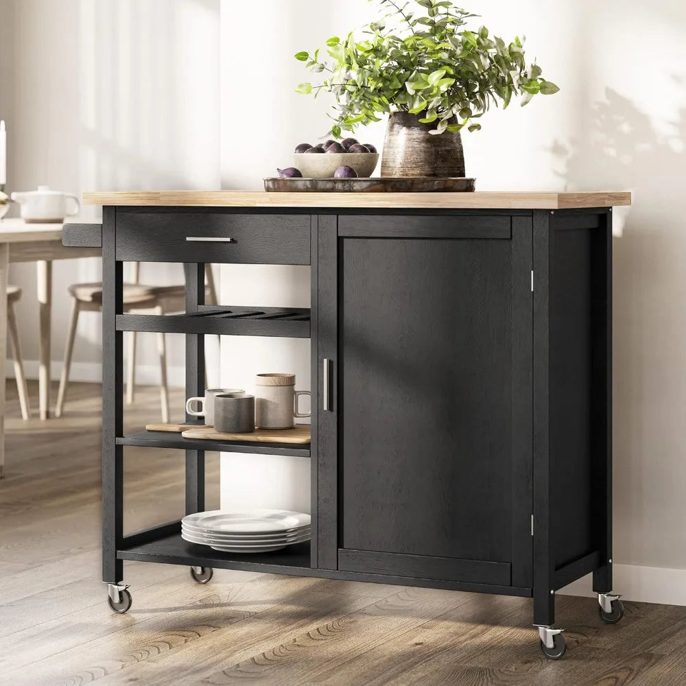 BELLEZE Modern Rolling Kitchen Island Utility Cart with a Drawer, Storage Cabinet, Handle Towel Rack, Rubber Wood Top, and Caste