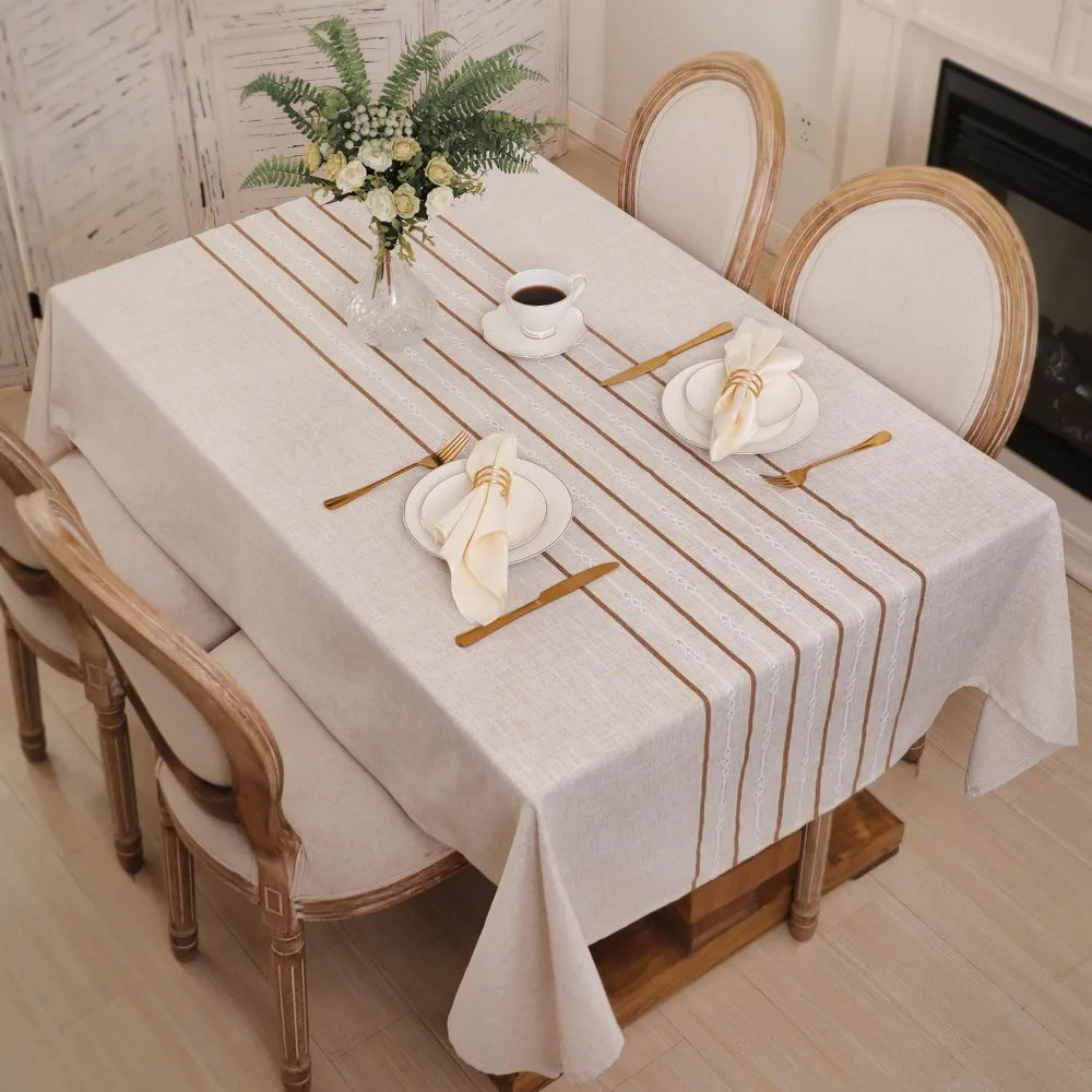 Rustic Linen Table Cloth Boho Style Beige Striped,Kitchen Dining Room Tablecloths for Rectangle Table,Washable Wrinkle Resistant