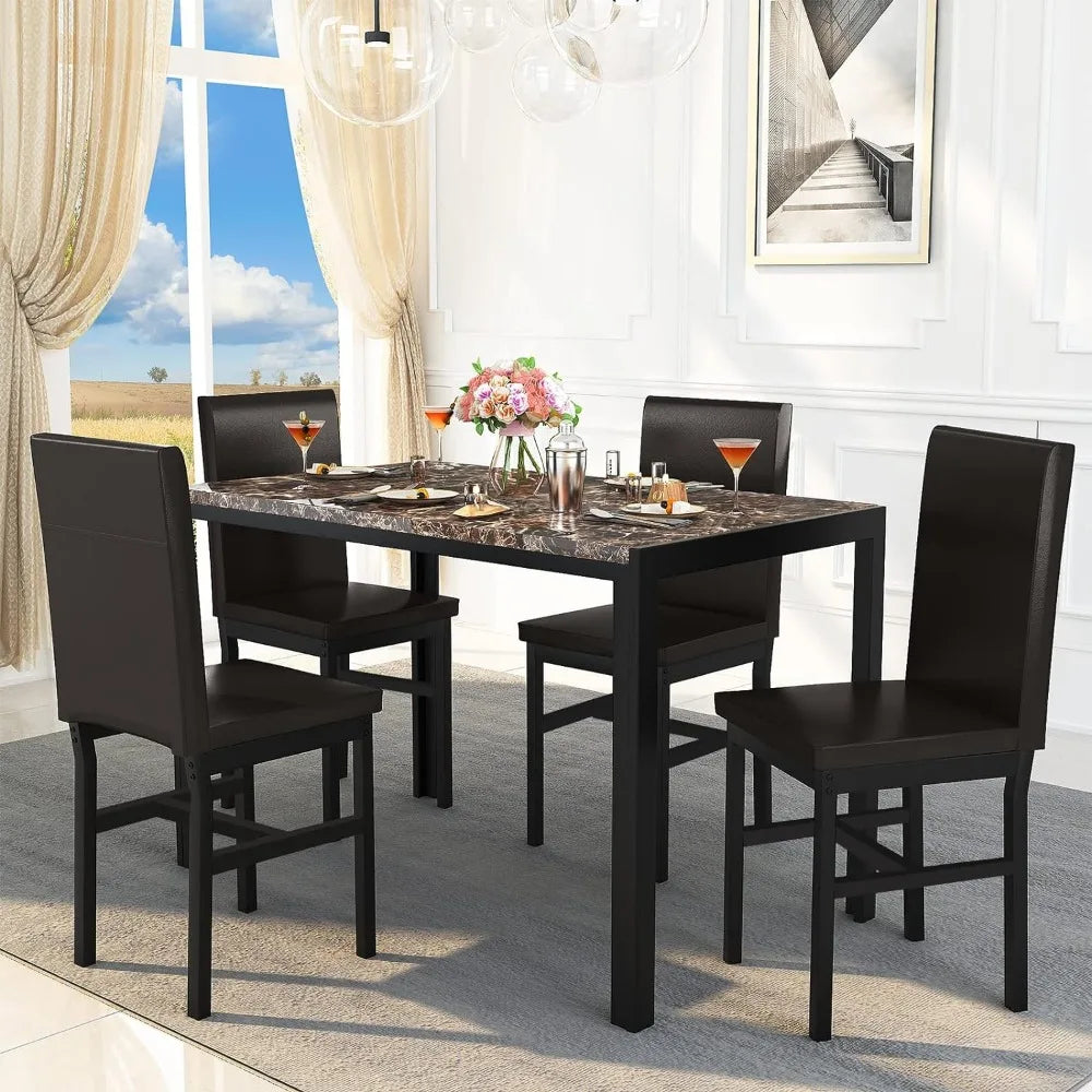 Dining Table Faux Marble Dining Set for Small Spaces Kitchen 4 Table With Chairs Home Furniture (Brown)