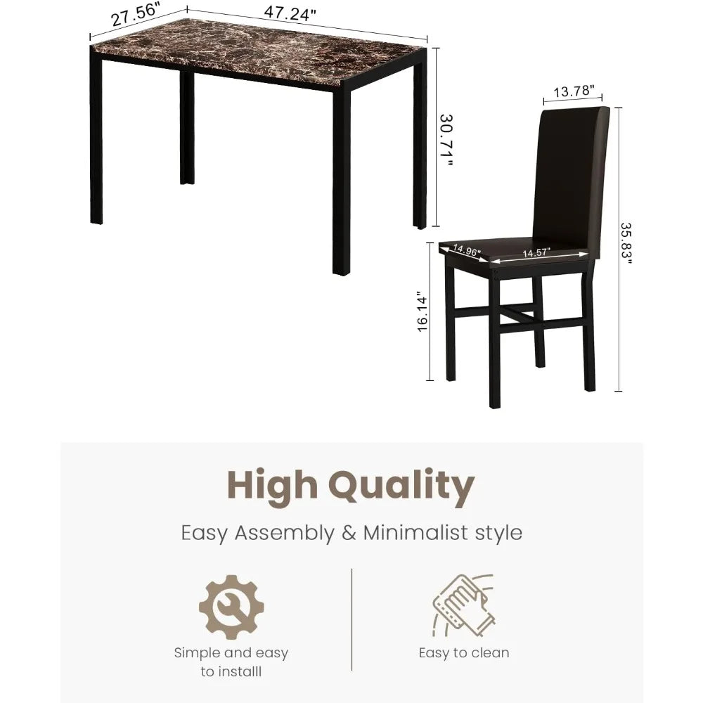 Dining Table Faux Marble Dining Set for Small Spaces Kitchen 4 Table With Chairs Home Furniture (Brown)