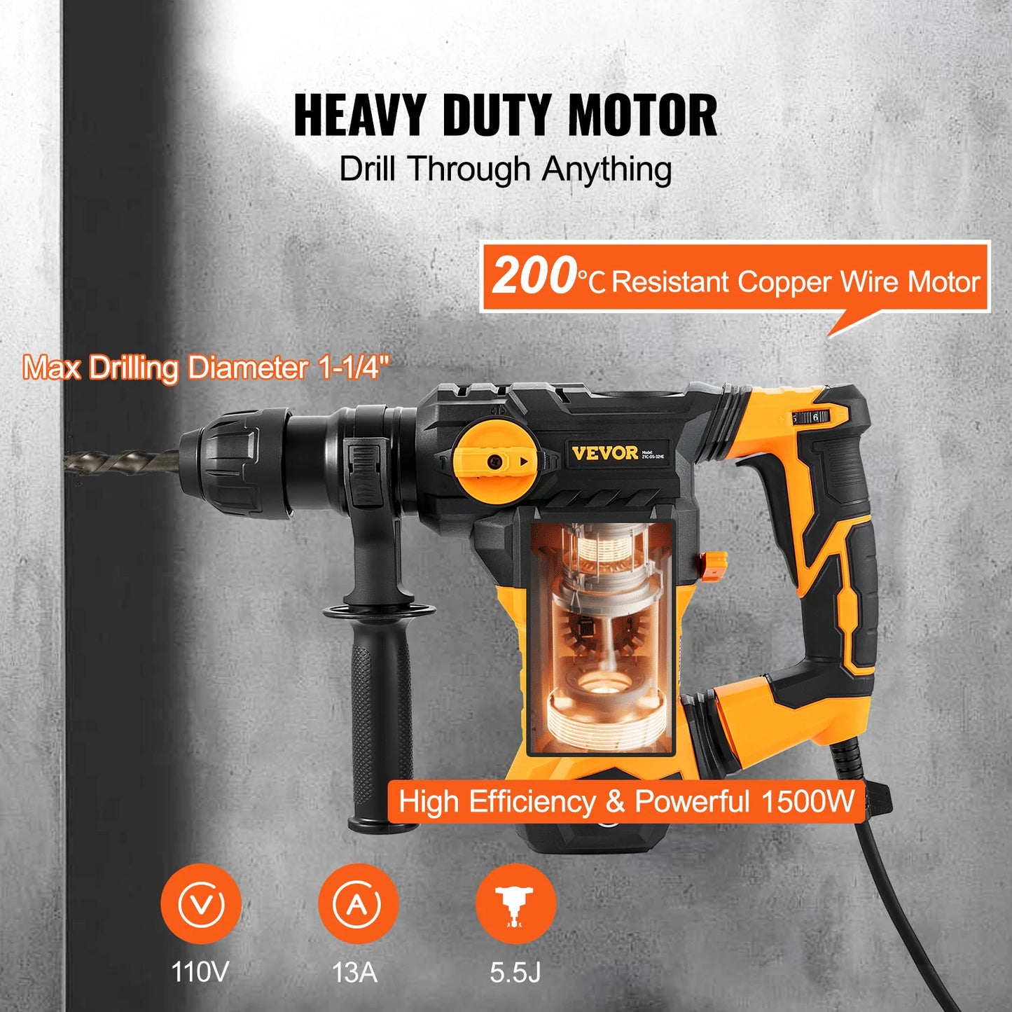 VEVOR 1500W Rotary Hammer Drill Max Drilling 32mm 4 Modes SDS-Plus Corded Demolition Chipping Metal Concrete Breaker Jackhammer