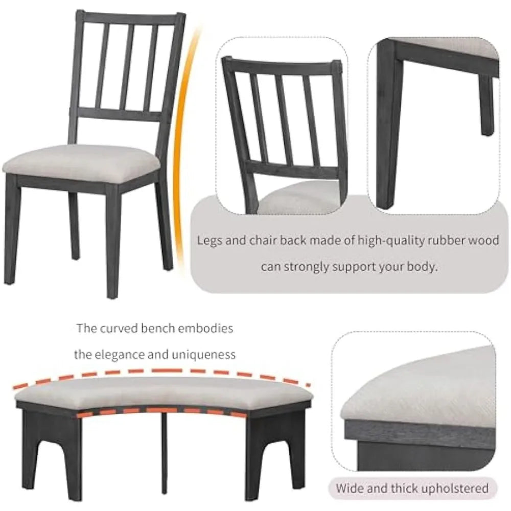 Round Curved Bench & Side 4-5 People,5 Piece, 44" Special-Shaped Legs, 5pc Kitchen Chairs and Table Set for Dining Room (Grey)