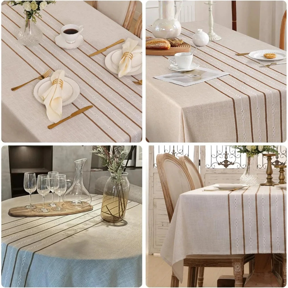 Rustic Linen Table Cloth Boho Style Beige Striped,Kitchen Dining Room Tablecloths for Rectangle Table,Washable Wrinkle Resistant