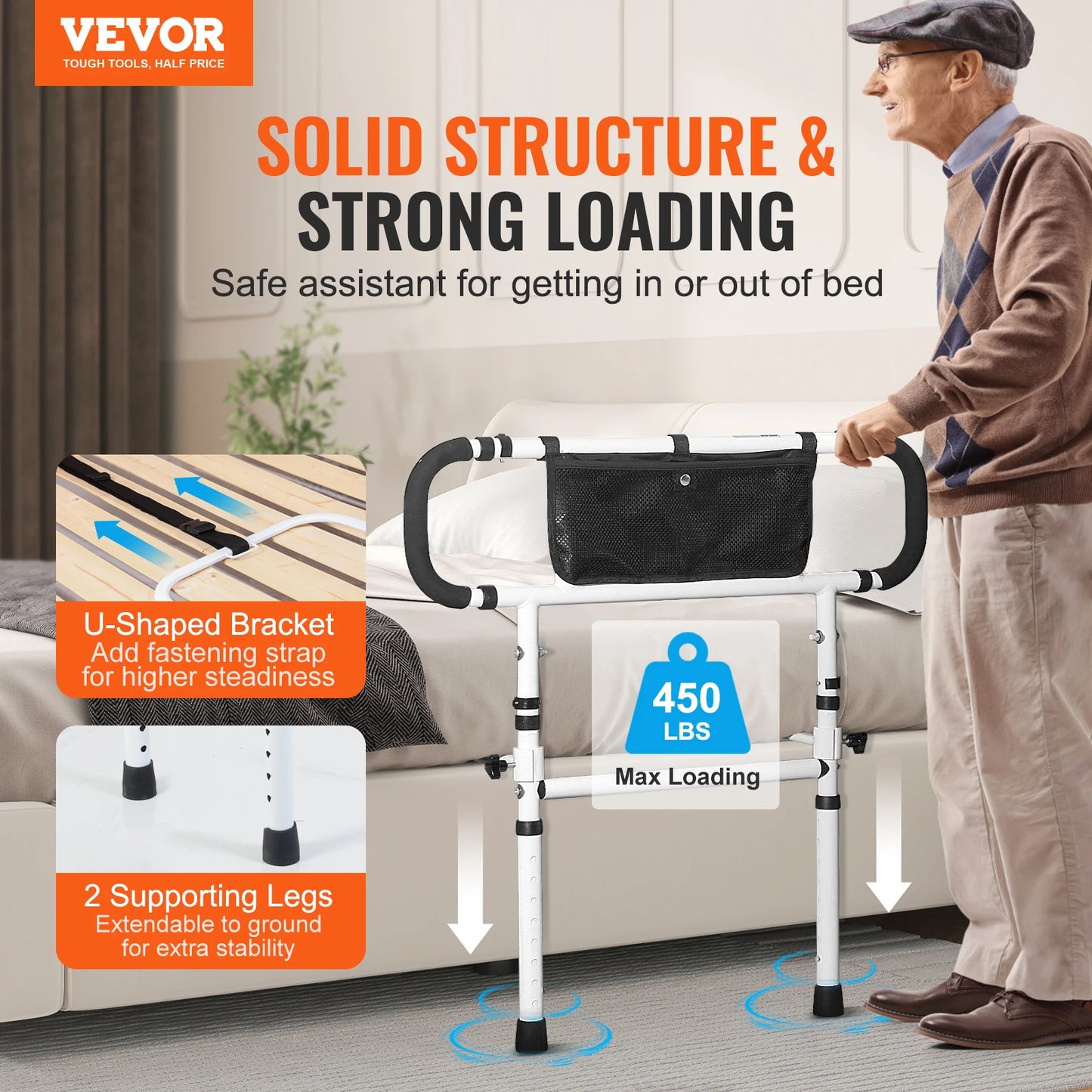 VEVOR Bed Rails for Elderly Adults Foldable Bed Assist Rails for Seniors Loading Bed Side Rails Bed Cane with Adjustable Handle