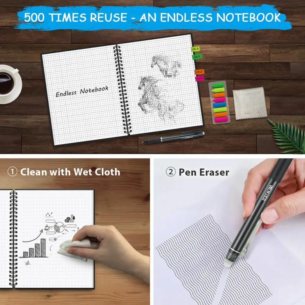 A4 Reusable Erasable Notebook With Pen&Cloth Microwave Heating Waterproof Notepad Office School Smart Notebook