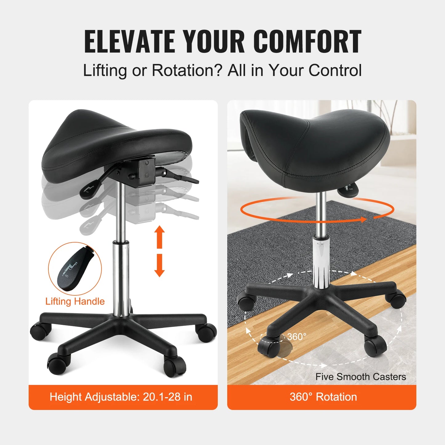 Saddle Stool with 5 Swivel 360° Rotation