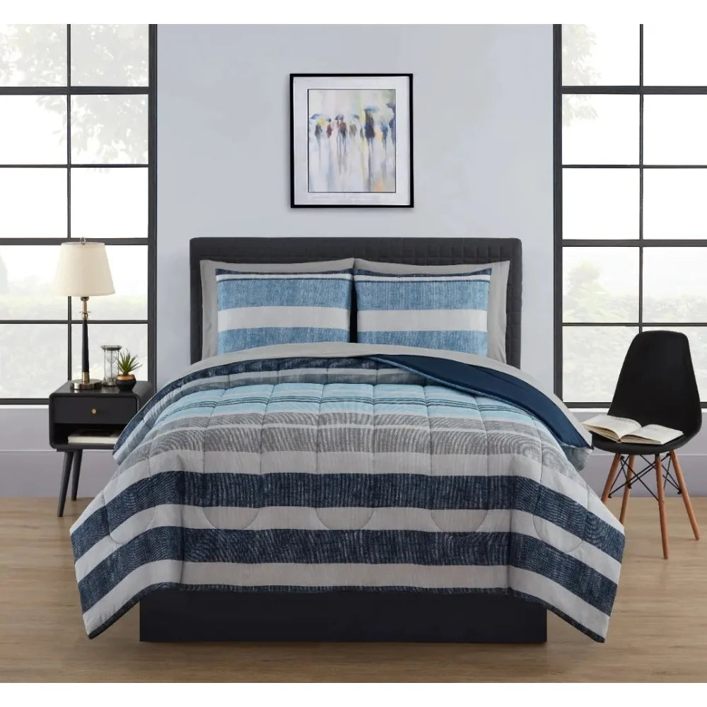 Blue Stripe Bed Comforter Set With Sheets