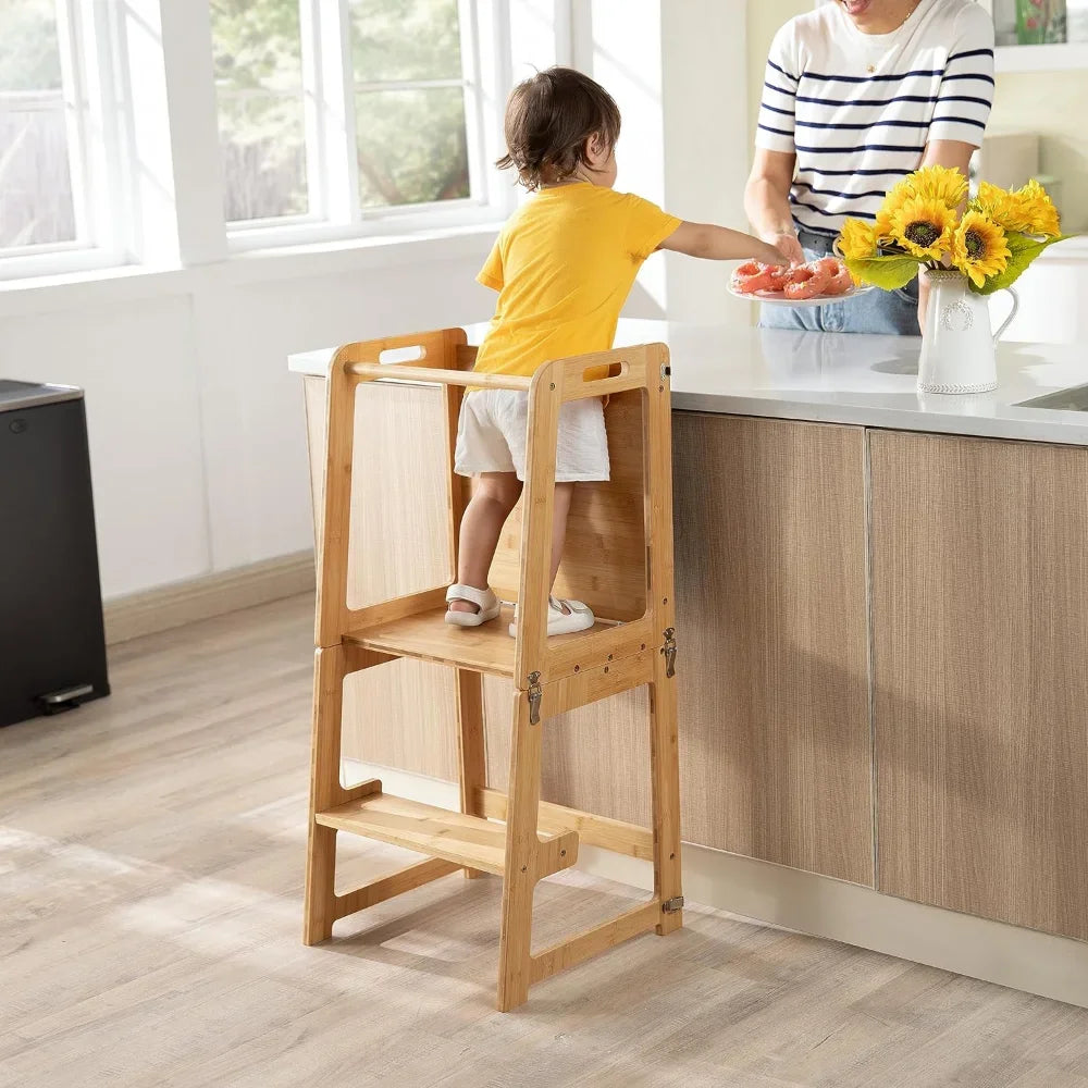 4-in-1 Standing Tower for Toddlers and Kids 1-6 Years, Bamboo Kitchen Learning Helper Stool with Chalkboard, Desk Table,