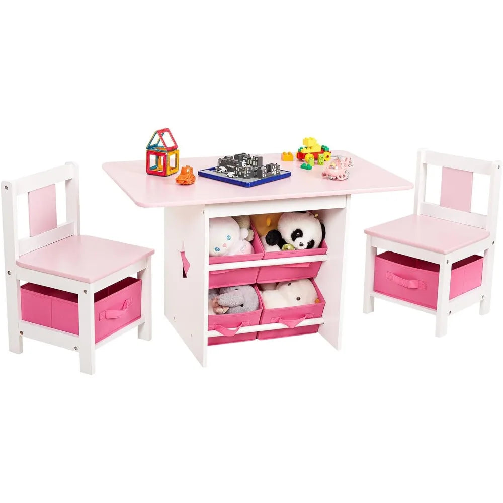 Kids Table and Chair Set (2 Chairs Included), Wooden Toddler Table and Chairs Set with 6 Storage Bins Boxes, Children's