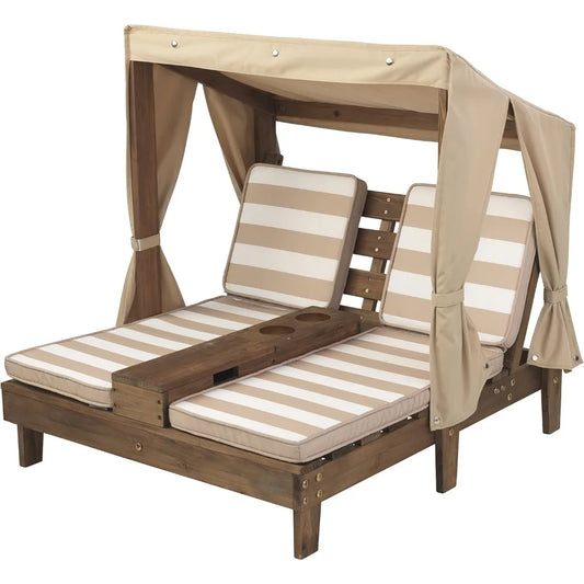 Wooden Outdoor Double Chaise Lounge with Cup Holders