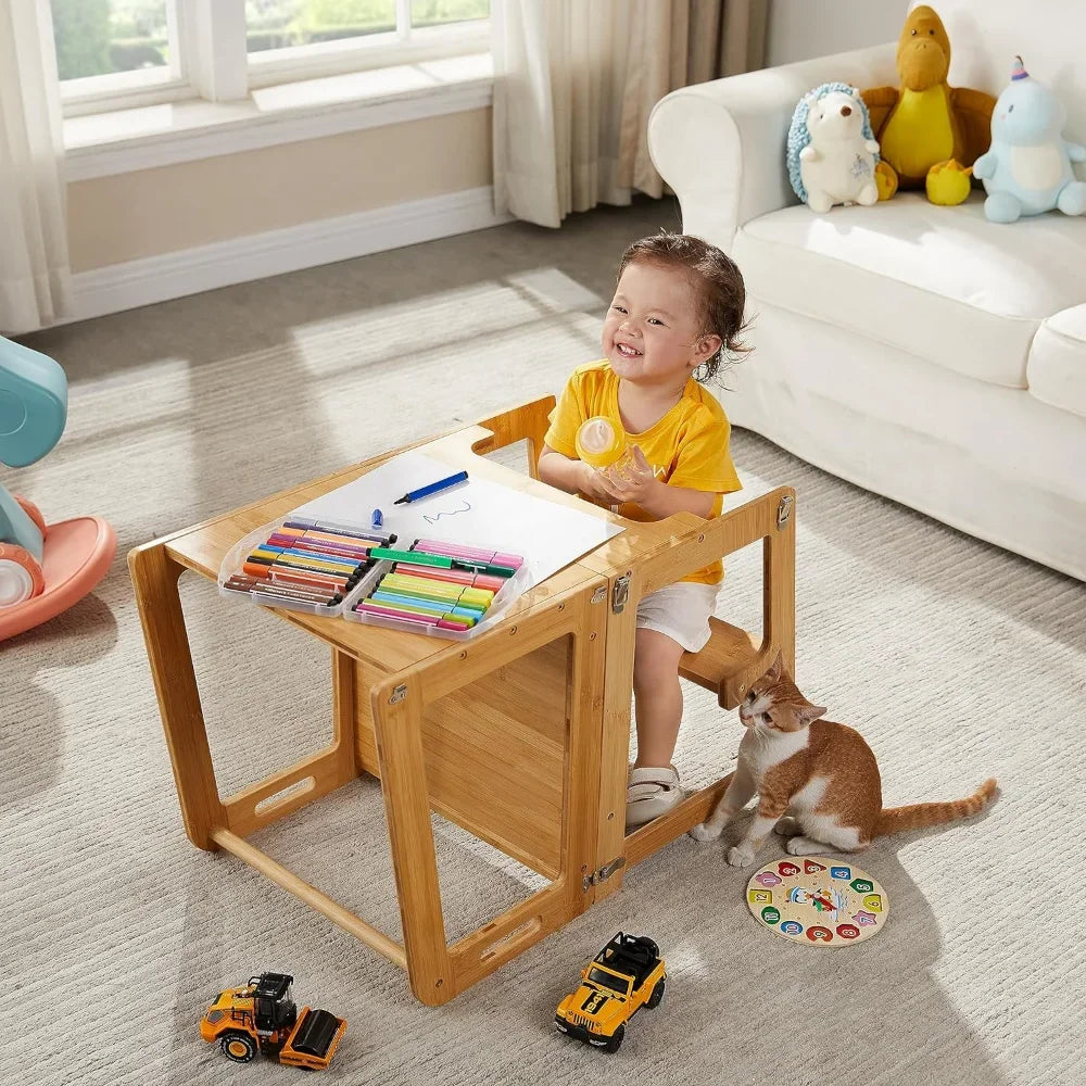 4-in-1 Standing Tower for Toddlers and Kids 1-6 Years, Bamboo Kitchen Learning Helper Stool with Chalkboard, Desk Table,