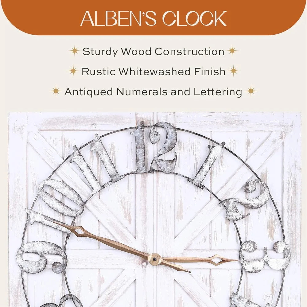 Large Farmhouse Wall Clock - 24 inch Square Farmhouse Style Clock Bundled with Decorative Reversible Wooden Sign