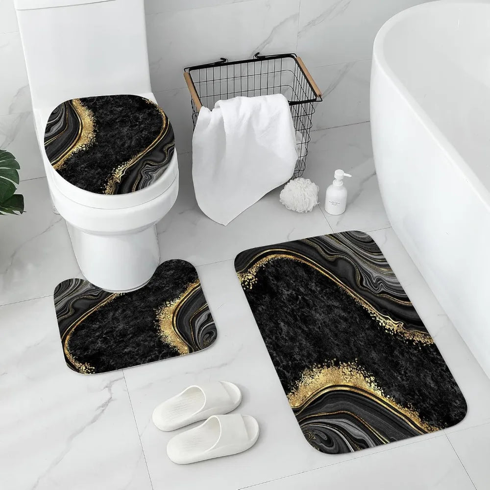 4 Pcs Luxury Marble Shower Curtain Set with Non-Slip Rugs, Toilet Lid Cover and Bath Mat, Black Gold Bathroom Decor Set