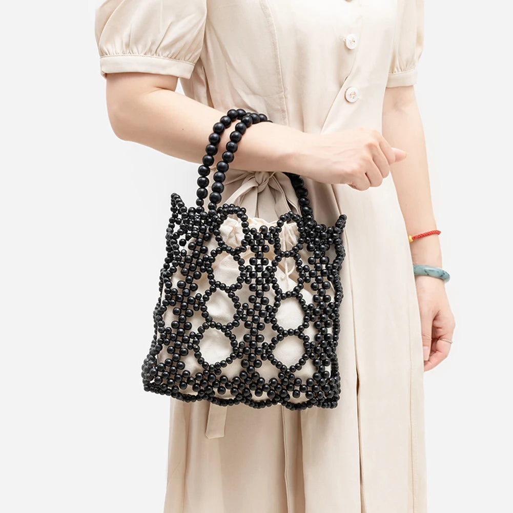 Women Top-Handle Bag Shopping Bag Woven Handbag Handmade Wooden Bead Tote Bag Fashion Handwoven Clutch Purses Drawstring Bag