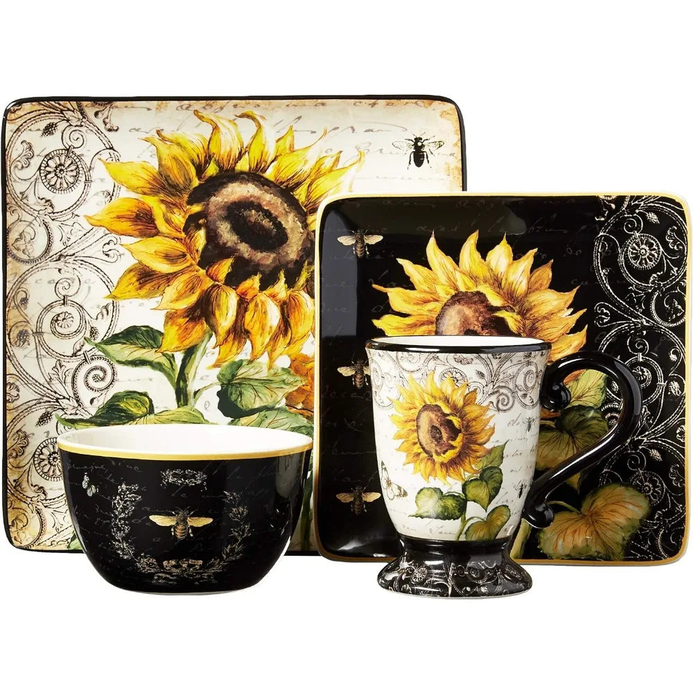 Plate Set, Sunflower 16 Pc Dinnerware Sets, Each Includes Dinner Plates, Salad/dessert Plates, Mugs, Ice Cream Bowls, Plate Set