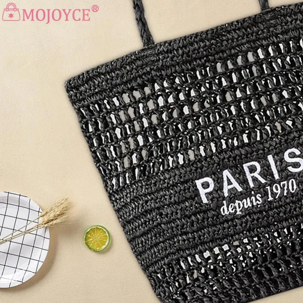 Women Straw Shoulder Bag Large Capacity Embroidered Letter Bag Versatile Hollow Out Handbag Summer Beach Purse