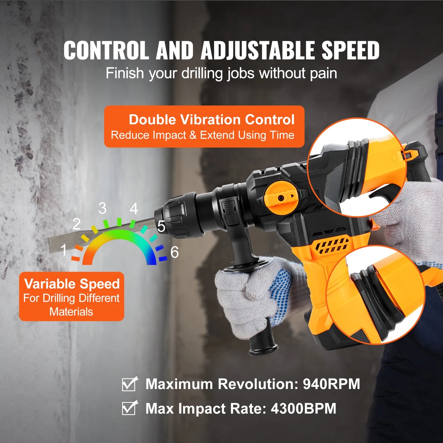 VEVOR 1500W Rotary Hammer Drill Max Drilling 32mm 4 Modes SDS-Plus Corded Demolition Chipping Metal Concrete Breaker Jackhammer