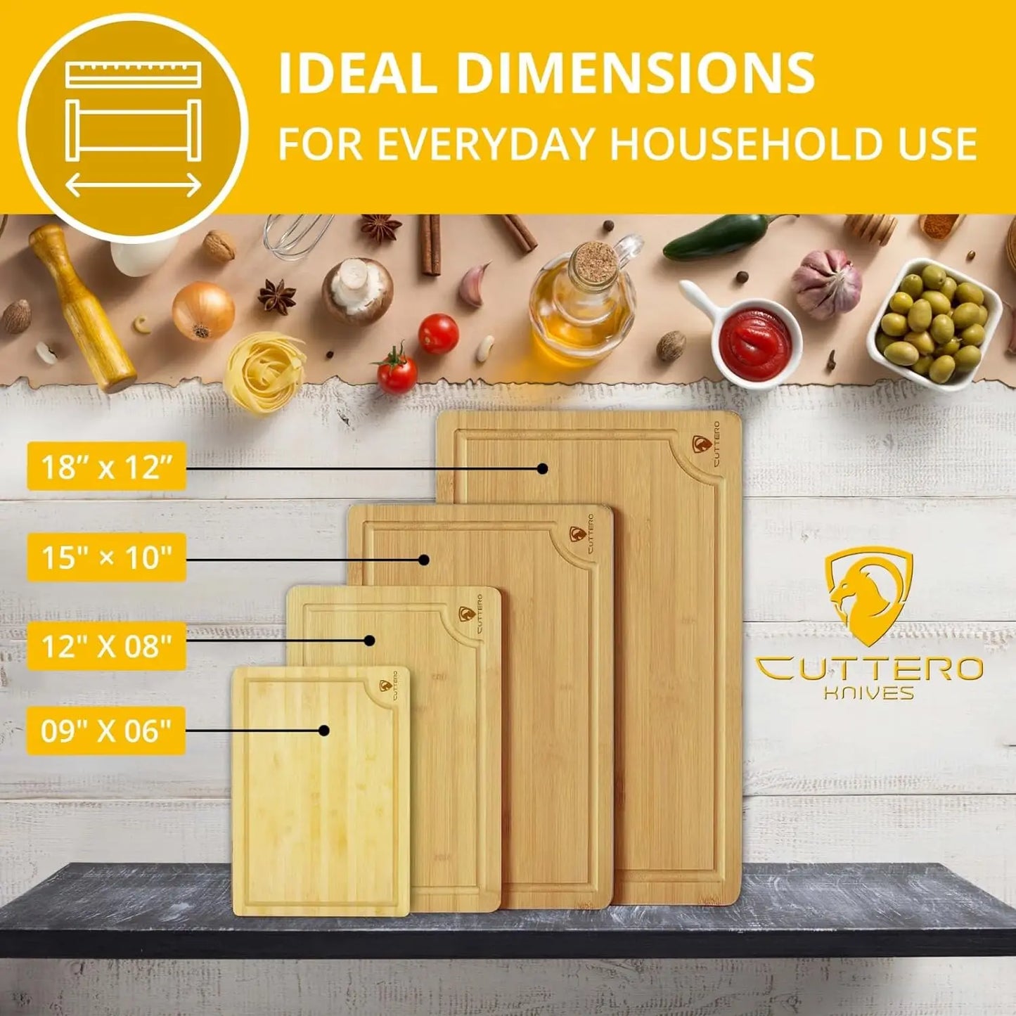 Cutting Boards for Kitchen - Bamboo Cutting Board Set of 4 Cutting Boards w/Juice Grooves Thick Chopping Board for Meat Veggies