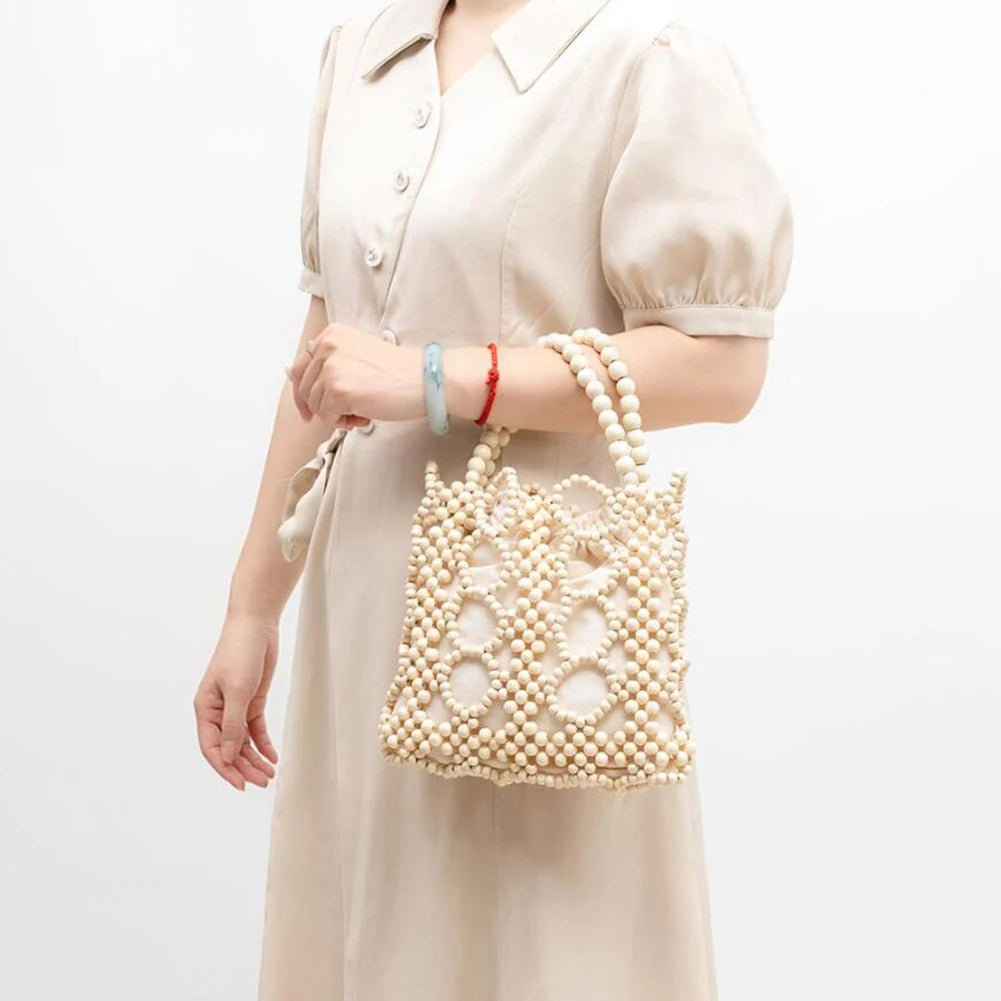 Women Top-Handle Bag Shopping Bag Woven Handbag Handmade Wooden Bead Tote Bag Fashion Handwoven Clutch Purses Drawstring Bag