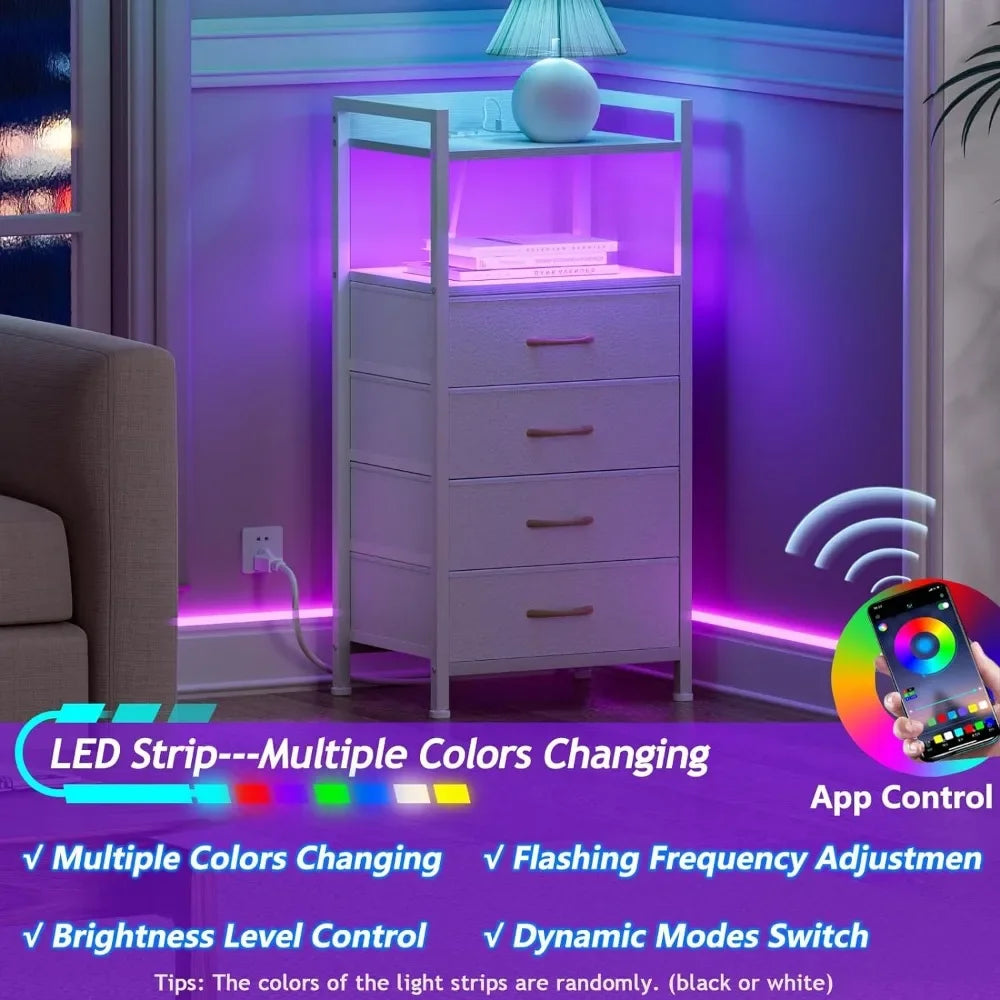 Nightstand with Led Light and Charging Station, Nightstand Side Table