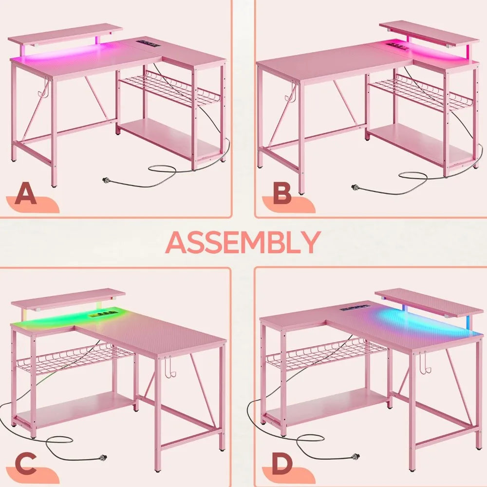 Gaming Desk With Power Outlets Kids Table and Chair Set L Shaped Desk With Hooks Workstation Desk for Office and Bedroom