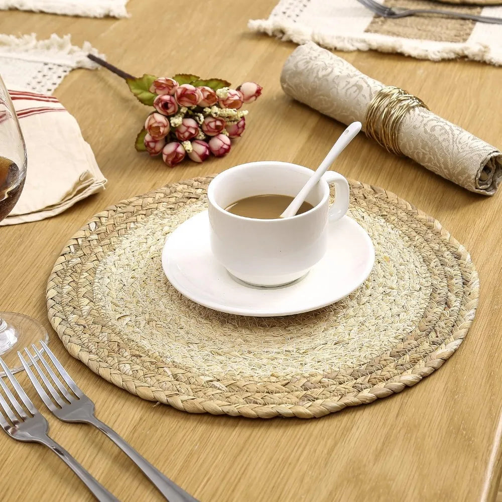 Handmade Boho Placemats Set of 6Natural Cotton Burlap and Water Straw Woven Combination Table Mats, Macrame DécorFarmhouse