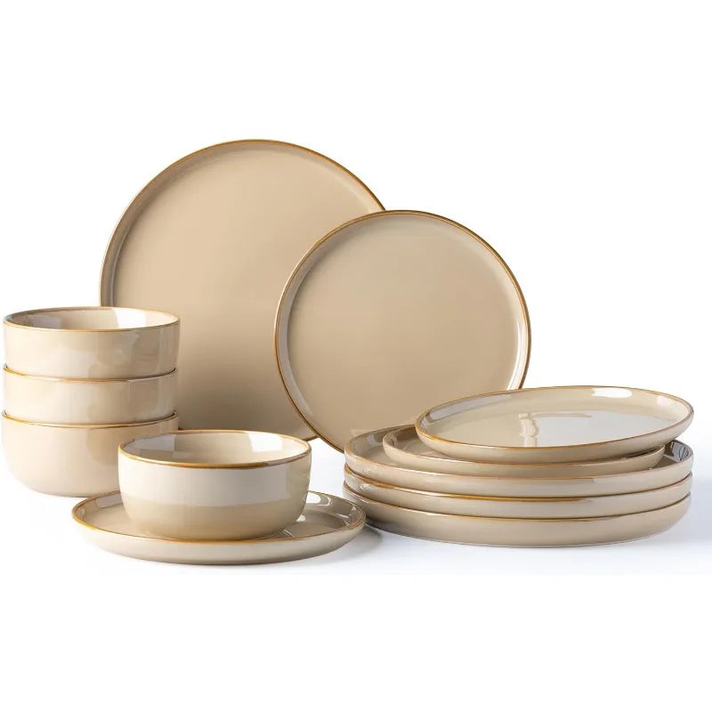 Ceramic Dinnerware Sets for 4, 12 Pieces Stoneware Plates and Bowls Sets, Chip and Scratch Resistant Dishe Set for Dinner,