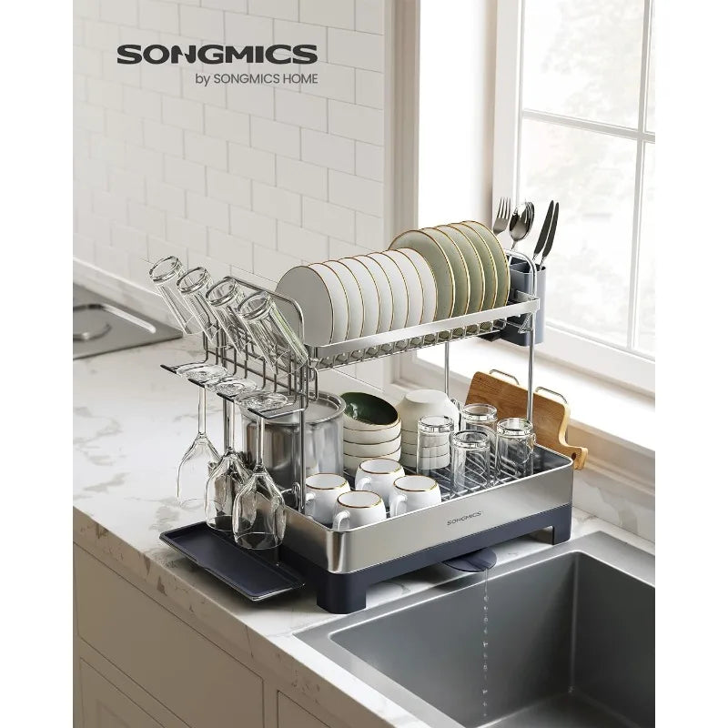 2 Tier Dish Rack for Kitchen Counter with Rotatable and Extendable Drain Spout