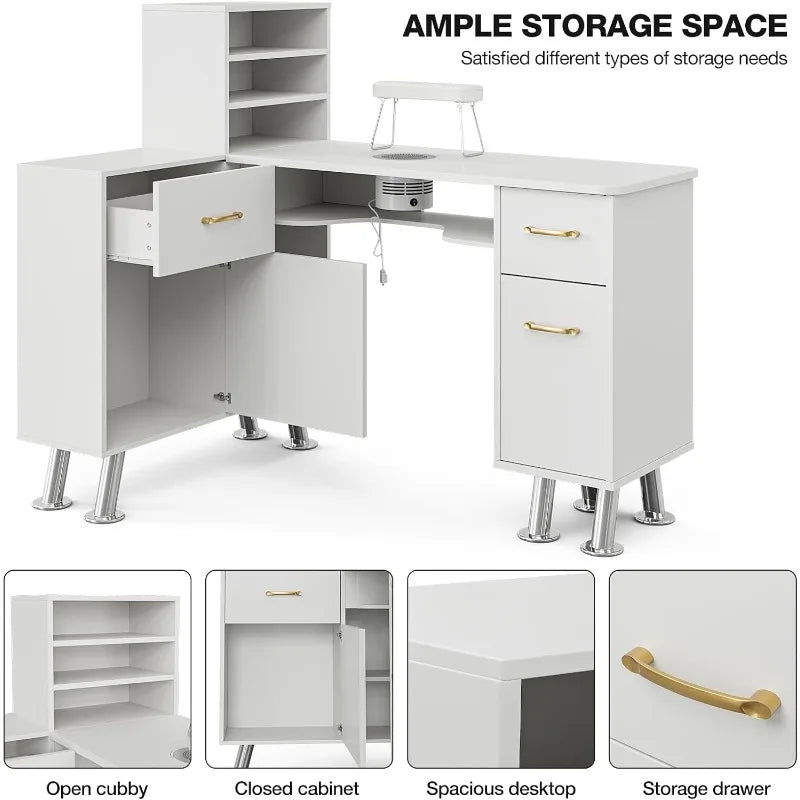 L-Shaped Nail Station with Storage Cabinets