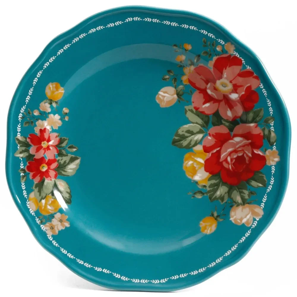 Ceramic Dishes to Eat Vintage Floral 12-Piece Dinnerware Set Free Shipping Plates for Food Teal Dinner Plate Dish Tableware Sets