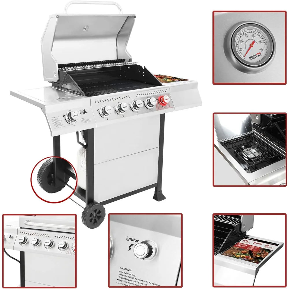 5-Burner BBQ Propane Grill, Stainless Steel Barbecue Gas Grill for Outdoor Patio Garden Picnic Backyard Cooking, 64,000 BTU