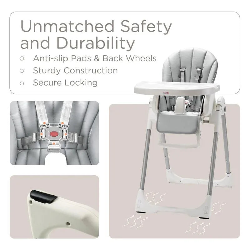 KUB 3-in-1 Foldable Baby High Chair with Removable Seat & Tray, Adjustable Height & Recline, Locking Wheels