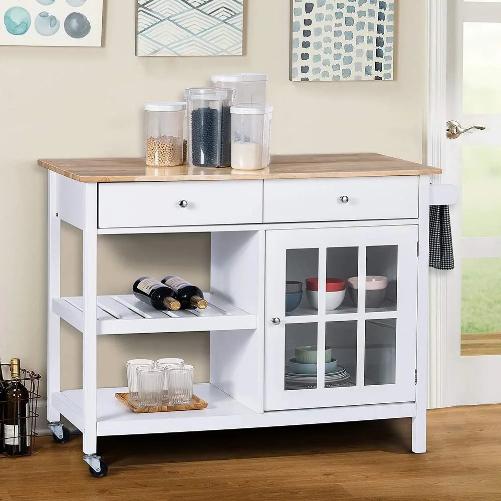 Portable kitchen island trolley with wooden top drawer and glass door cabinet, wine rack, towel rack, white color