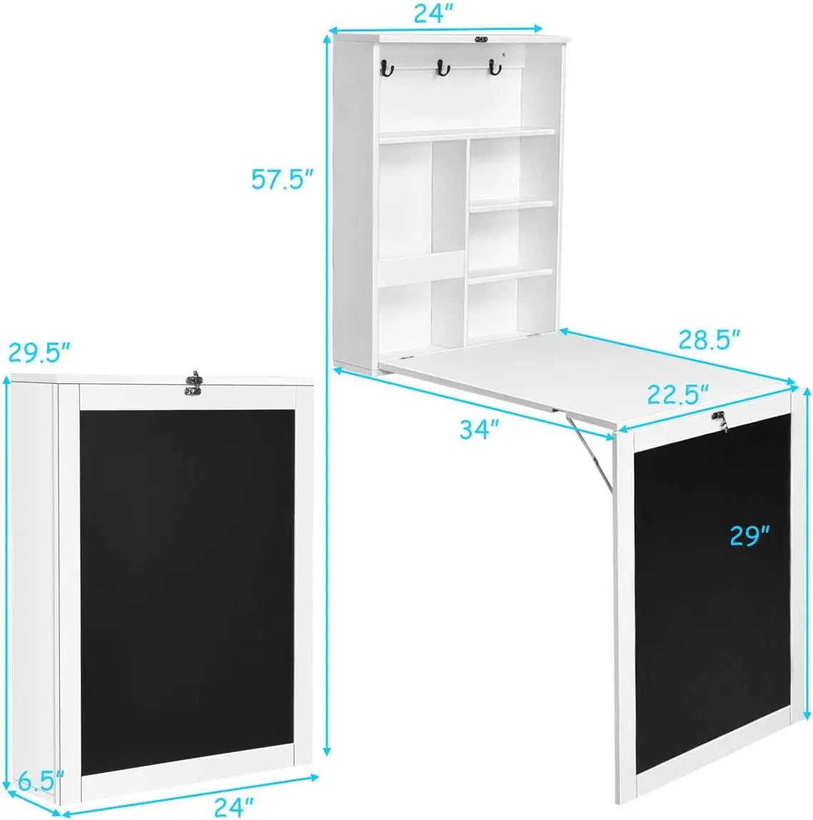 US Folding Wall Desk, Wall Mounted Fold Out Desk with Storage Shelves & Hooks, Hideaway Desk Wall Mount with Chalkboard