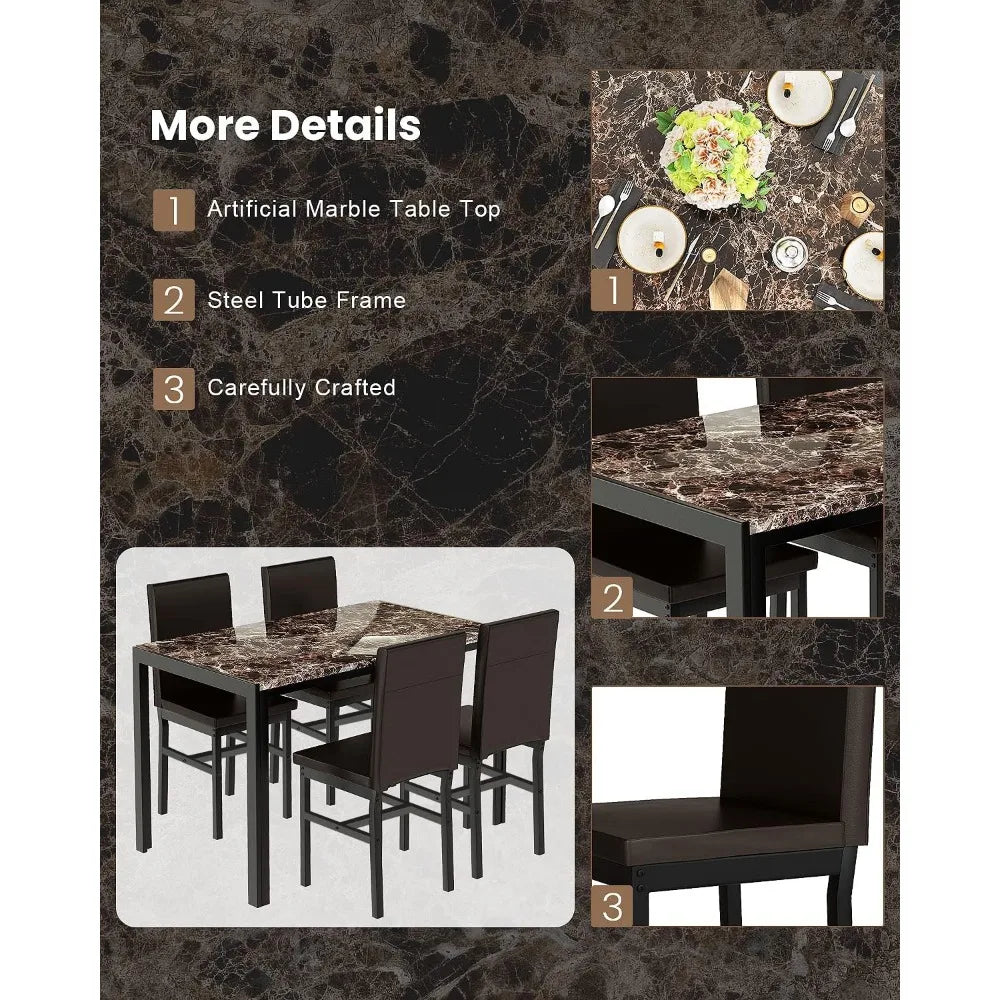 Dining Table Faux Marble Dining Set for Small Spaces Kitchen 4 Table With Chairs Home Furniture (Brown)