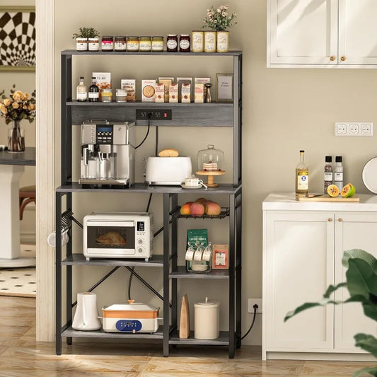 Bakers Rack with Power Outlet, 35.4 Inches Coffee Bar with Wire Basket, Kitchen Microwave Stand with 6 S-Shaped Hooks